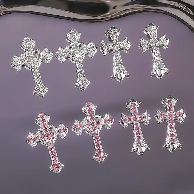10Pcs Metal Crystal Cross Nail Charms, Pink Rhinestones Nail Decorations for DIY Designs, Large, Zestico-LJJ-A1206