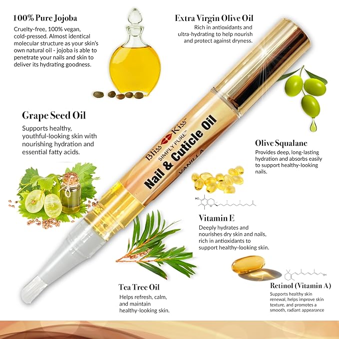 Bliss Kiss | 1 Vanilla Fragrance | Nail Oil Cuticle Pen w/Vitamin E & Jojoba⏤Nail Strengthener Nail Growth Serum for Brittle Peeling Breaking Thin Nails