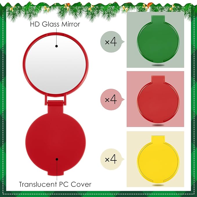 Jetec 12 Pieces Compact Mirrors Bulk Gifts Mini Vintage Pocket Mirrors for Purse Small Portable Folding Round Makeup Stuffs for Travel Daily Use Party Favors Women (Green,Red,Yellow)