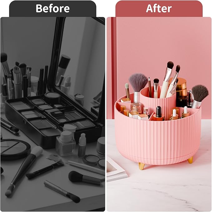 360° Rotate Makeup Brush Holder Organizer, Makeup Organizers Countertop, Makeup organization and Skincare Storage for Vanity, Desktop, Bathroom (Pink)