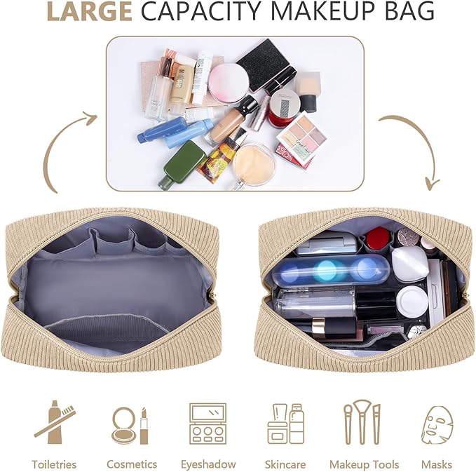 MAGEFY Corduroy Makeup Bag Small Makeup Bag for Purse with Compartments Cute Makeup Pouch Cosmetic Bag for Women Friends Preppy Gifts (Beige, SKIN)
