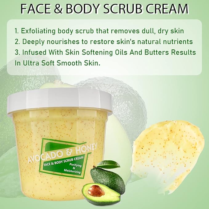 Avocado Honey Face Body Neck Scrub Cream Purifying Moisturizing Nourishing Skin 300ml/10.58fl.oz