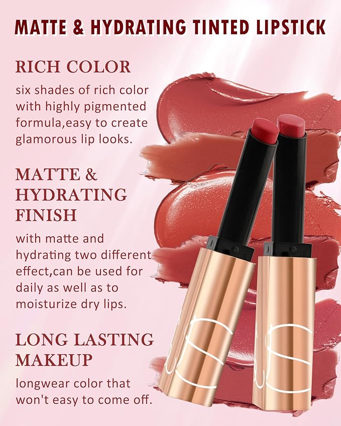 Matte & Hydrating Lipstick Kit-2Pcs Nude Red Lipcolor Moisturizing Velvet Tinted Lip Balm Lip Tint Stain, Non-stick Cup Longlasting Waterproof Lip Gloss Lipgloss Lipstain,Makeup Gift for Women-03+06