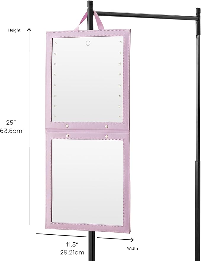 BRÜUN Backstage Hanging Mirror 25" x 11.4" Inches for Dance Bag with Dimmable LED Lights for Focused Glow – A Light-Violet Foldable Mirror for Dancers and Artists with Touch Sensitive Power Button