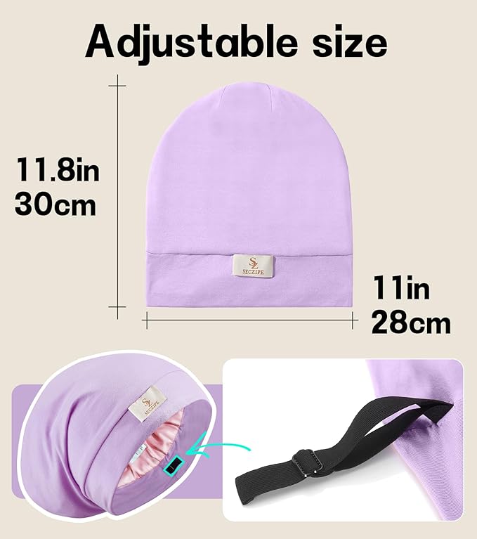 100% Mulberry Silk Bonnet for Sleeping for Curly Hair and Braids, Wrap with Adjustable Strap for Women and Men,Real Silk, Not Satin(1Pc,Lavender)