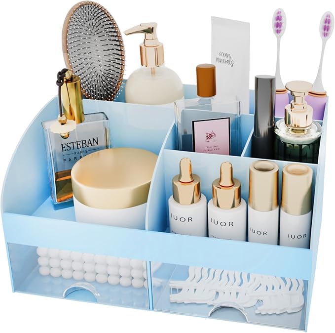 Makeup Organizer with Drawers, Cosmetic Storage for Dresser Vanity and Bathroom Countertop, Beauty Holder for Lipstick Brush, Skincare Organizer for Vanity, Cosmetic Display Case (Blue)