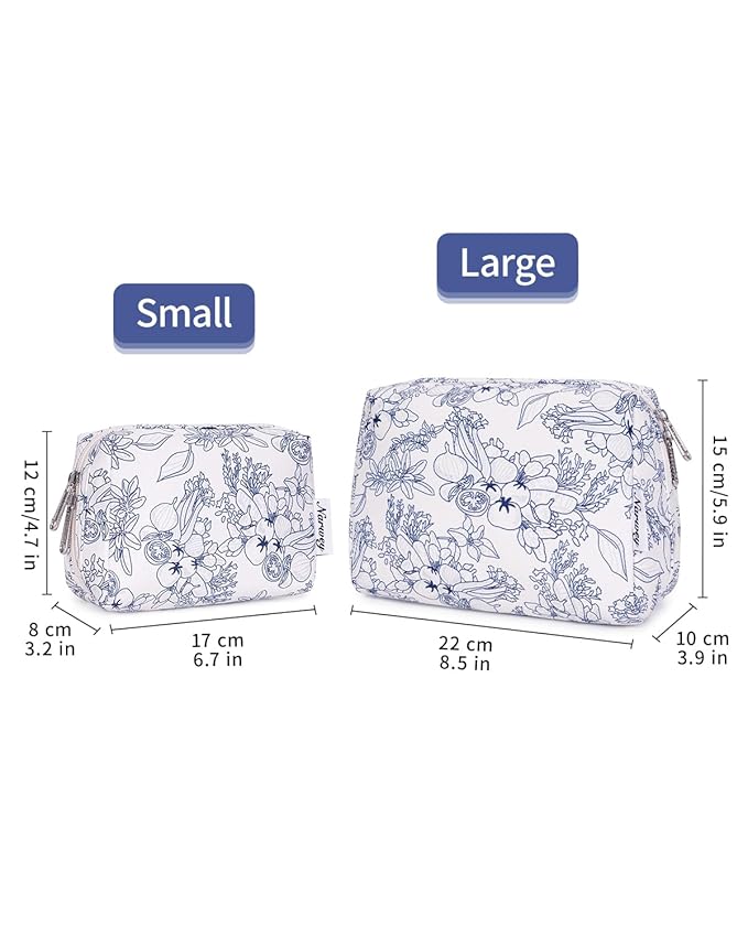 Narwey Small Cute Floral Makeup Bag for Purse Mini Cosmetic Bag Travel Makeup Pouch Zipper Pouch Cute Make up Bags with Compartments for Women Girls (Navy Blue Flower, Small)