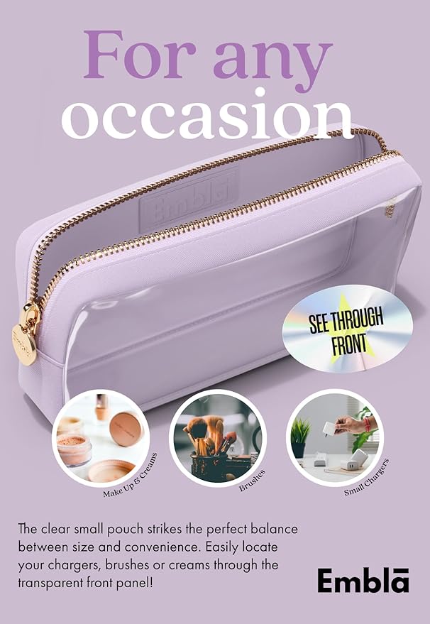 Embla Clear Cosmetic Bag Makeup Case, Clear Zipper Make Up Pouch and Toiletry Travel Tote, Cute Skincare Pouches for Women Girls, Preppy Purse Cosmetic Organizer, Small Makeup Bags, Lilac