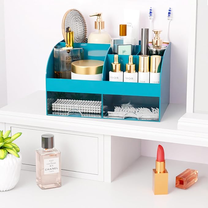 Makeup Organizer with Drawers, Cosmetic Storage for Dresser Vanity and Bathroom Countertop, Beauty Holder for Lipstick Brush, Skincare Organizer for Vanity, Cosmetic Display Case (Dark Green)