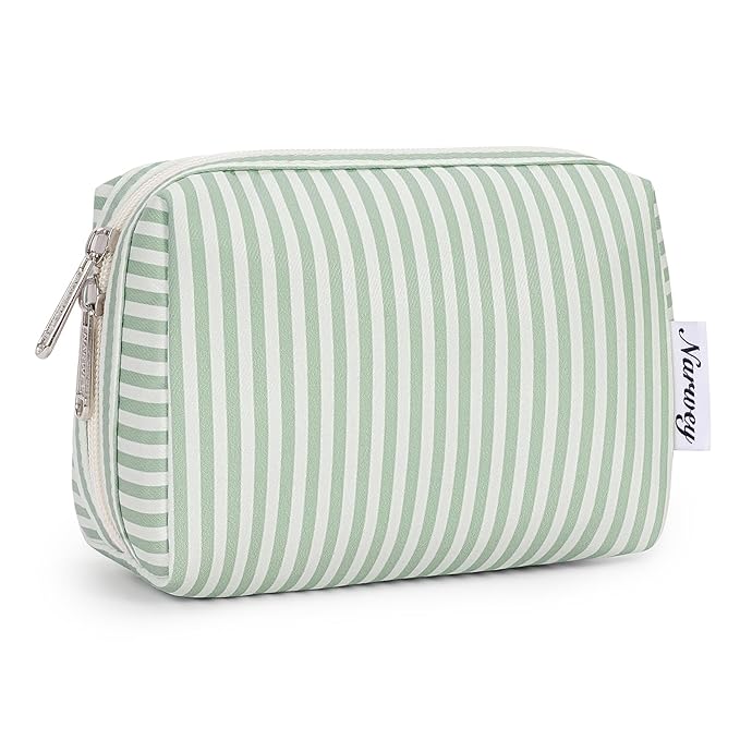 Narwey Small Striped Makeup Bag for Purse Mini Cosmetic Bag Travel Makeup Pouch Zipper Pouch Cute Make up Bags with Compartments for Women Girls (Mint Green Stripe, Small)