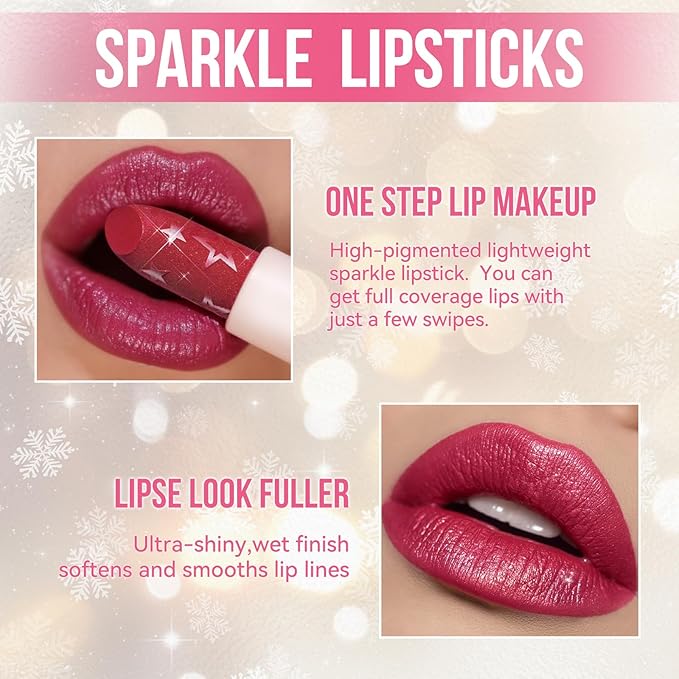 Hydrating Diamond Shine Lipstick, Pearlescent Glitter Waterproof Lip Balm, Long-Lasting Moisturizing Lipstick, Lip Makeup for Women Girls Fuller Lips, 05 Jingle Bell