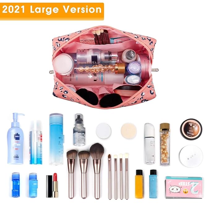 Narwey Cute Cheetah Makeup Bag Travel Cosmetic Bag Organizer Toiletry Bag Make Up Bags with Compartments for Women Girls (Large, Leopard)