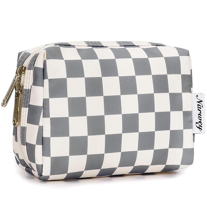 Narwey Small Checkered Makeup Bag for Purse Mini Cosmetic Bag Travel Makeup Pouch Zipper Pouch Cute Make up Bags with Compartments for Women Girls (Grayish Blue Checkerboard, Small)