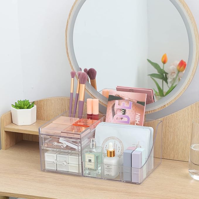 Cq acrylic 1 Pack Clear Skincare Organizer for Vanity,Stackable 2 Drawers Make Up Organizer,Cute Cosmetic Organizer for Vanity Jewelry,Hair Clip,Beauty,Skincare Product Dresser Acrylic Desk Organizer