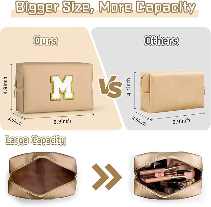 TOPEAST Monogrammed Gift for Women Girls, Personalized Initial Makeup Bags Cosmetic Bag with Zipper, Cute Makeup Pouch, PU Leather Waterproof Toiletry Bag, Preppy Gifts Stuff for Girl (Khaki E)