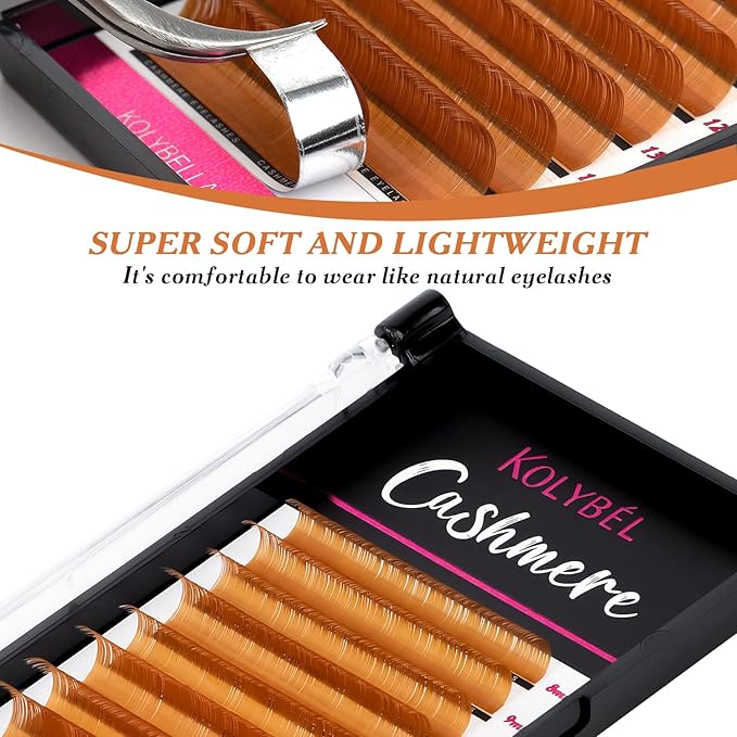 Kolybel Colored Premium Eyelash Extensions 0.07 C Curl 8-16mm Mixed Length,Premium Individual Silk Lash Extension,Professional Eyelash Extension Supplies for Lash Techs (Light Brown,0.07-C 8-16mm)