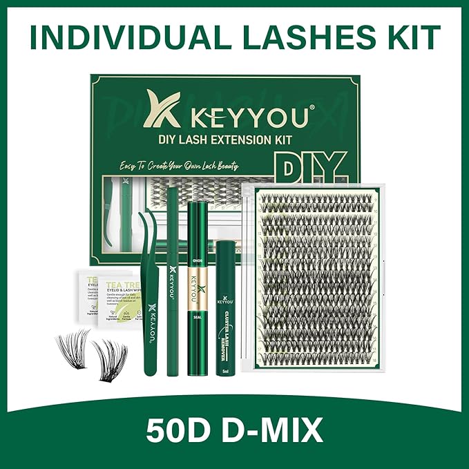 DIY Lash Extension Kit KEYYOU 300Pcs Individual Eyelash Extension Kit 50D 0.07D Curl 9-18MIX Lash Clusters Kit with Lash Glue Remover Applicator Easy to Use for Beginners(Kit-50D-0.07D,9-18MIX)