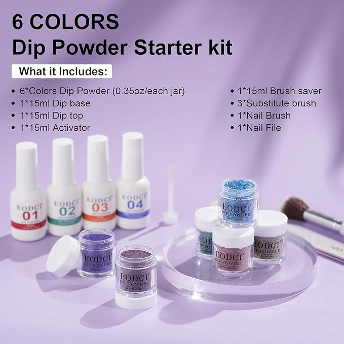 12 Pcs Dip Powder Nail Kit Starter, 6 Colors Glitter Blue Starry Green Sparkle Purple Dipping Powder Kit with Base & Top Coat, Nail Art Dip Manicure Kits for Women
