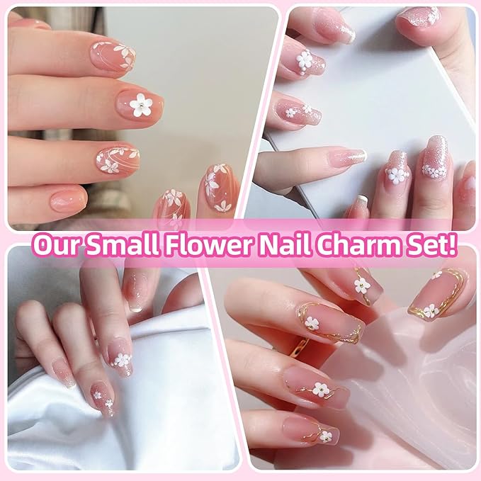 1000 Pcs White Flowers Nail Charms, Small Flower Charms for Nails, Mixed Spring Tiny Flowers Acrylic Nail Charm with Metal Golden Beads for Nails Art DIY Jewels Accessories