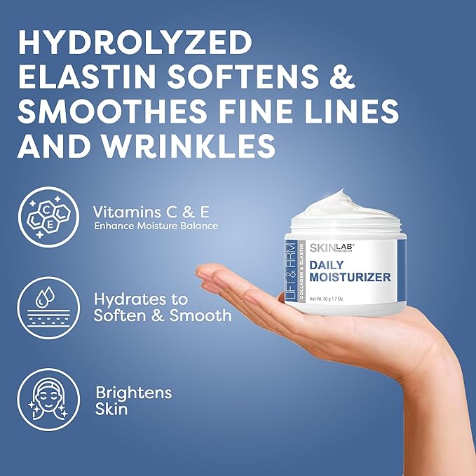 SKIN LAB Lift & Firm DAILY MOISTURIZER - Hydrolyzed Collagen & Elastin, Vitamin C and Vitamin E to Moisturize, Soften & Soothe Fine Lines and Wrinkles 1.7 Oz.