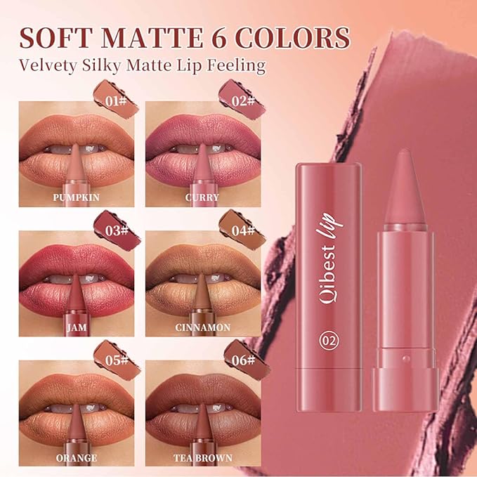 6Pcs 2 in 1 Matte Lip Liner and Lipstick Combo Set,Longwear No-Budge Multi-Purpose Long Lasting Waterproof Smudge-Proof Lipstick for Women
