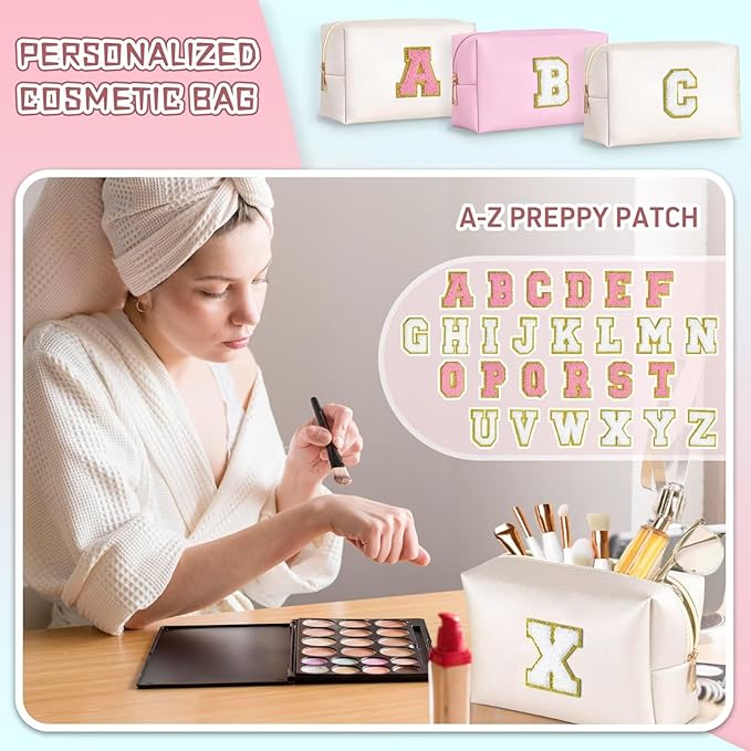 TOPEAST Personalized Birthday Gifts for Women, Preppy Patch Makeup Bag, Chenille Letter Pouch Cosmetic Bag, Travel Organizer, Gifts for Friends, Cute Stuff for Women (White L)
