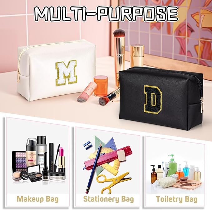 TOPEAST Initial Cosmetic Bag, PU Leather Waterproof Travel Toiletry Bag, Monogrammed Gifts for Women, Personalized Birthday Gift for Sister Friends, Cute Stuff for Girls (Black K)