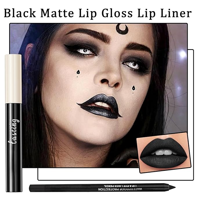 2PCS Matte Black Lip Liner and Lipstick Set, High Pigmented Liquid Lipstick, Long Lasting Waterproof Lipgloss Liner for Goth Christmas Halloween Cosplay Makeup