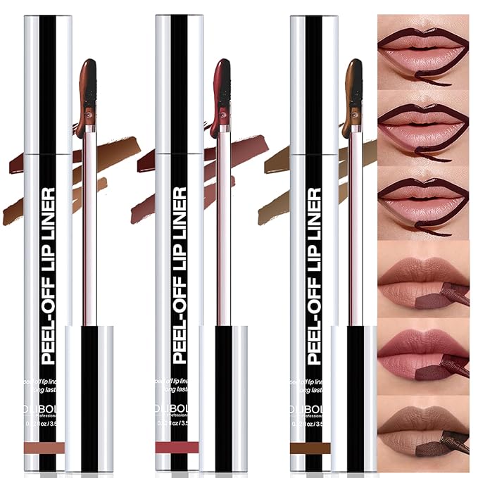 Peel Off Lip Liner Stain 3 Colors, Lip Stain Peel Off Long Lasting Brown Lip Liner Set Matte Lip Tint Stain Tattoo Transfer Proof Highly Pigmented Color Precise Lip Pencil Contour for Women