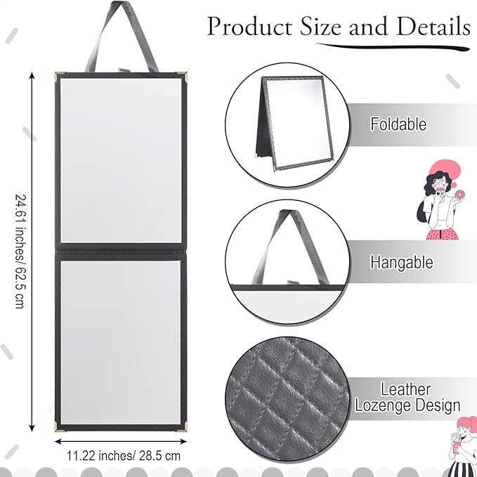 Foldable Backstage Mirror with Handle Leather Folding Hanging Mirror Rectangular for Travel Dance Bag Home Fitness Spa Gift for Dancers (Grey,33.5" l*13.4" w)