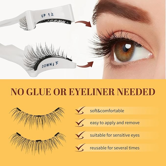 QUEWEL Magnetic Eyelashes 1 Pair Reusable Magnetic Eyelashes with Applicator No Glue Needed Eyelashes Cat Eye Natural Look Lash Clusters Kit Easy to Wear and Remove(B04)
