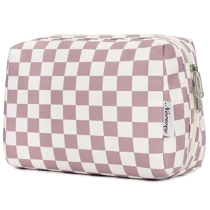 Narwey Checkered Makeup Bag Pink Travel Cosmetic Bag Organizer Toiletry Bag Make Up Bags with Compartments for Women Girls (Large, Dusty Rose Checkerboard)