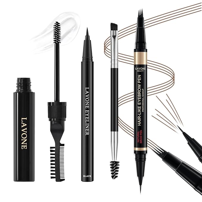 Microblading Eyebrow Pen Kit - Waterproof Brow Makeup Set with Eyebrow Pencil, Eyebrow Gel Clear, Eyeliner, Dual-ended Eyebrow Brush, Natural Looking Brows with Long-Lasting All-Day Hold - Soft Brown