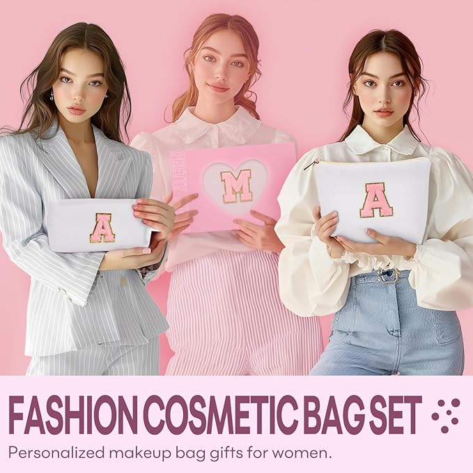 mibasies 2 PCS Initial Makeup Bags for Women: Cosmetic Bag for Travel Toiletry - Personalized Cute Makeup Pouch - Gifts for Grilfriend Wife Moms Bridesmaid - Retirement Travel Gifts - White E