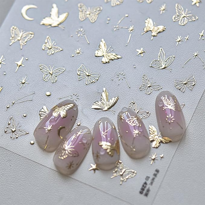 1 Sheets Gold Butterfly Nail Art Stickers 5D Self Adhesive Embossed Star Nail Stickers for Nail Art Gold Moon Stars Butterflies Nail Decals Nails Design Supplies for Women Girl DIY Manicure Decor
