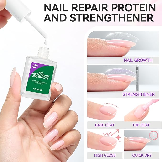 Nail Repair Strengthener for Weak Nails: Gelike EC 6 in 1 Natural Nail Protein Hardener Extra Strong and Growth - Long Lasting and Fast Dry Polish for Weak Splitting Break Treatment(Milky White 15ml)