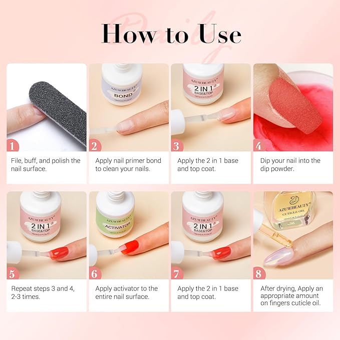 AZUREBEAUTY Dip Powder Liquid Set 15ml/0.5oz Nail Repair Cuticle Oil Multi-Purpose Dip Powder Base Top Coat with Activator, Bond, Cuticle Care for Dipping Kit, No Need Nail Lamp