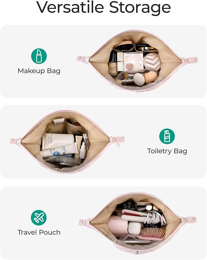 BAGSMART Makeup Bag Travel Makeup Bag, Cute Make Up Bag, Large Capacity Cosmetic Bags for Women, Wide-open Makeup Pouch Travel Essentials Toiletries Accessories Brushes (Camel)