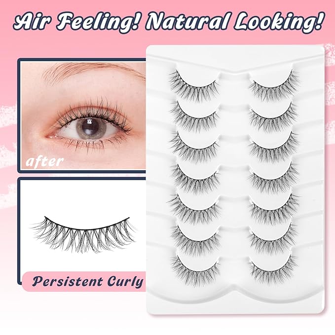 Eyelashes Natural Looking Wispy Lashes 10mm Short Strip Lashes False Eyelashes C Curl Eye Lashes Pack 3D Volume Eyelashes 0.1MM Thin Band Siligli Lashes 7 Pair