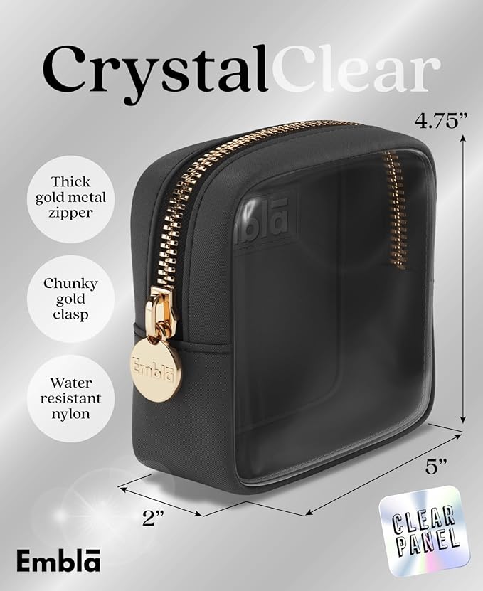 Embla Clear Cosmetic Bag Makeup Case, Clear Zipper Make Up Pouch and Toiletry Travel Tote, Cute Skincare Pouches for Women Girls, Preppy Purse Cosmetic Organizer, Mini Makeup Bags, Black