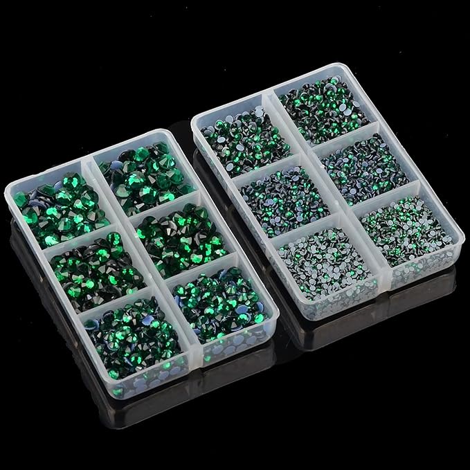 10000Pcs 2-Boxes Mixed Size Hot Fix Round Crystals Gems Glass Stones Hotfix Flat Back Rhinestones with Tweezers and Picking Pencil (Emerald)