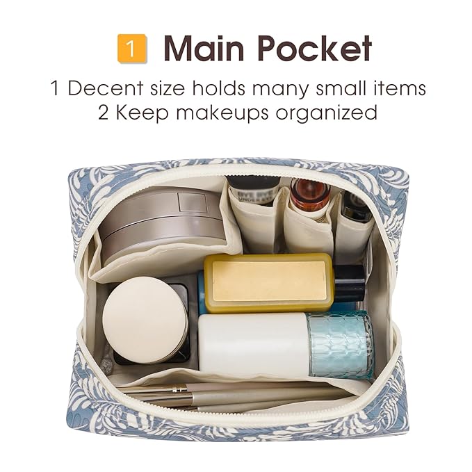 Narwey Small Makeup Bag for Purse Mini Cosmetic Bag Travel Makeup Pouch Zipper Pouch Cute Make up Bags with Compartments for Women Girls (Small, Blue Leaf)