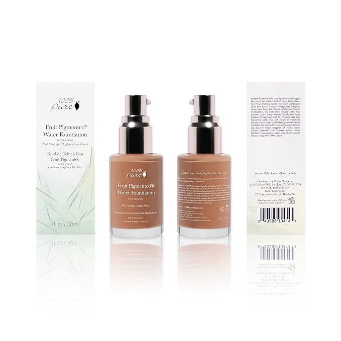 100% PURE Water Foundation Full Coverage Hydrating Makeup, Light Dewy Finish, Moisturizing Concealer for Normal to Dry Skin, Fruit Pigment Color Warm 6.0 w/Peachy Undertones for Tan Skin - 1 Fl Oz