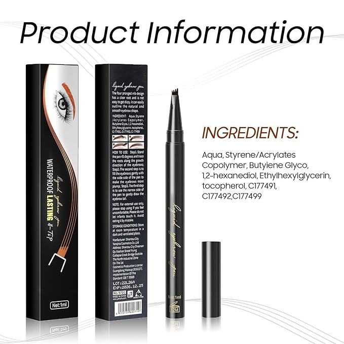 Eyebrow Pencil Eyebrow Microblading Pen - Eye Makeup Brow Pen Liquid Pencil with 4 Micro-Fork Tip, Waterproof & Long-Lasting & Smudge-Proof Brow Pencil, Voluminous Hair Stays on All Day (Black)
