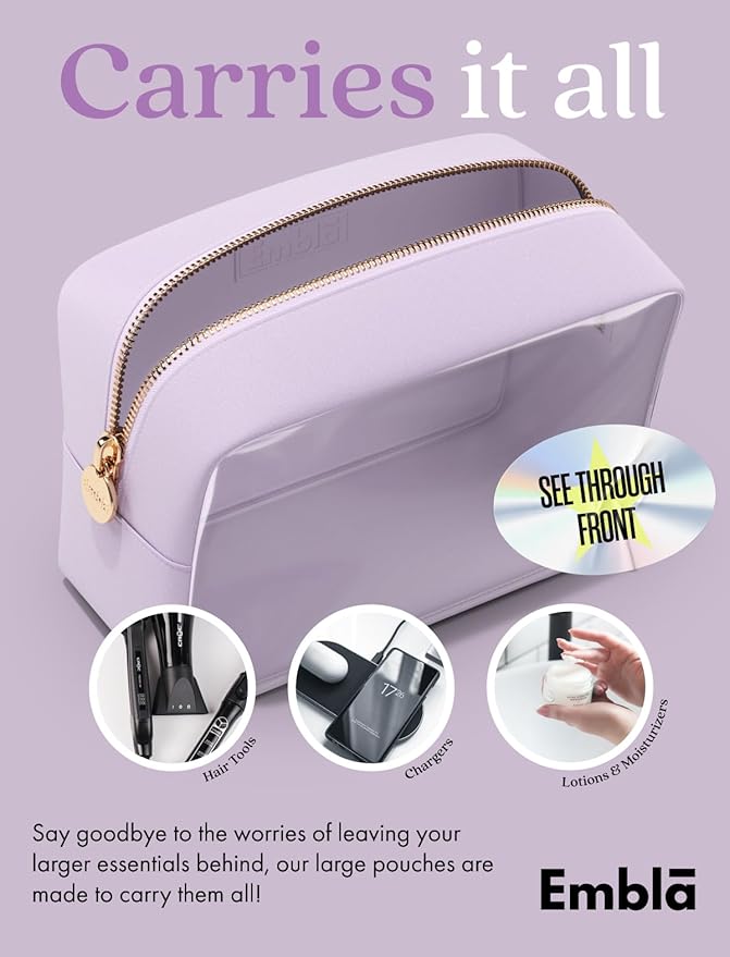 Embla Clear Cosmetic Bag Makeup Case, Clear Zipper Make Up Pouch and Toiletry Travel Tote, Cute Skincare Pouches for Women Girls, Preppy Purse Cosmetic Organizer, Large Makeup Bags, Lilac