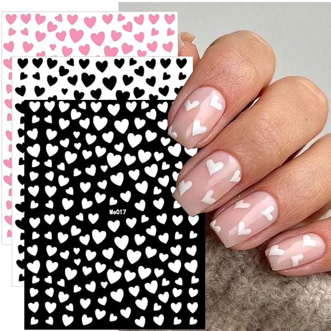 10 Sheets Heart Nail Stickers - 3D Self-Adhesive Glitter Colorful Valentine's Day Nail Decals - DIY Decoration for Women & Girls