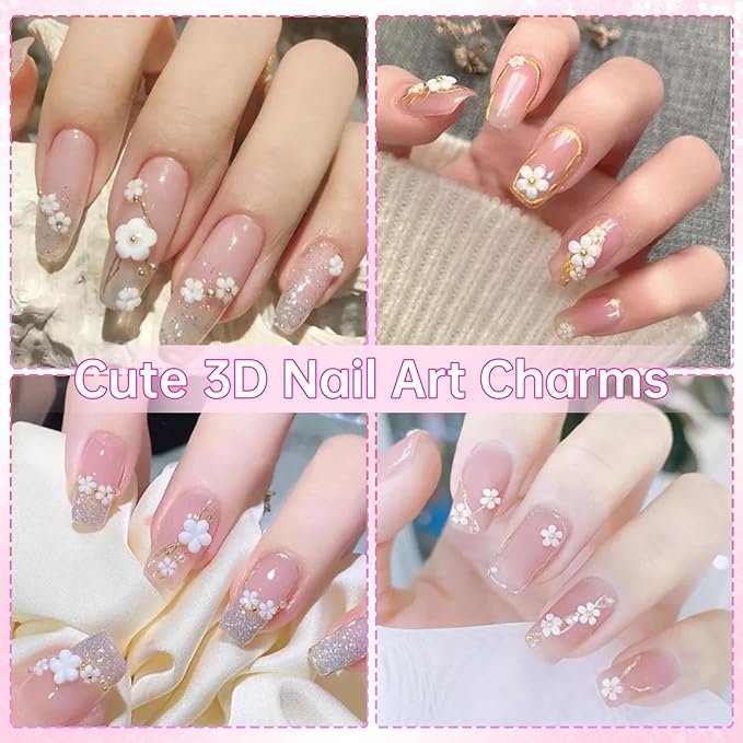 1000 Pcs White Flowers Nail Charms, Small Flower Charms for Nails, Mixed Spring Tiny Flowers Acrylic Nail Charm with Metal Golden Beads for Nails Art DIY Jewels Accessories