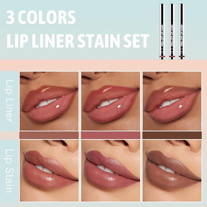 Peel Off Lip Liner Stain 3 Colors, Lip Stain Peel Off Long Lasting Brown Lip Liner Set Matte Lip Tint Stain Tattoo Transfer Proof Highly Pigmented Color Precise Lip Pencil Contour for Women