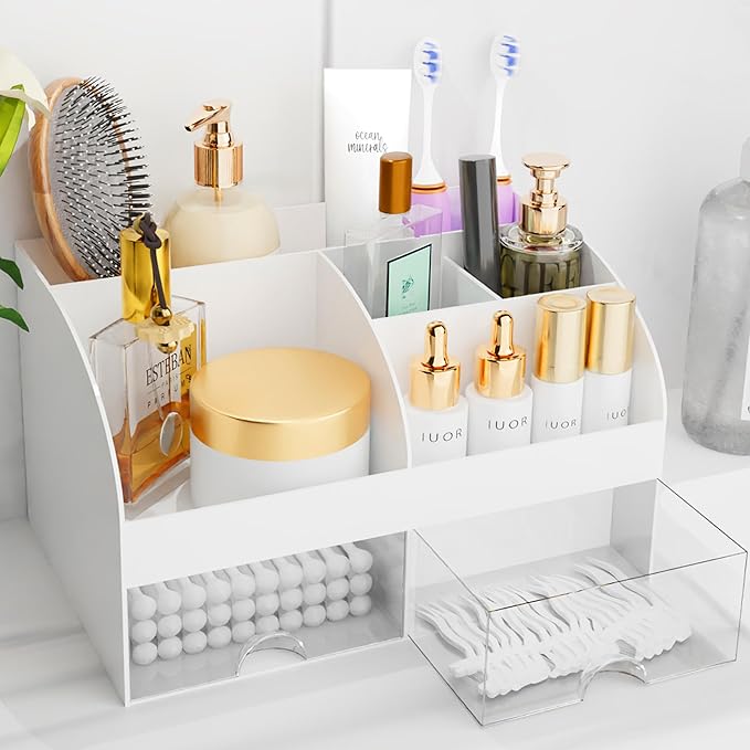 Makeup Organizer with Drawers, Cosmetic Storage for Dresser Vanity and Bathroom Countertop, Beauty Holder for Lipstick Brush, Skincare Organizer for Vanity, Cosmetic Display Case (White)