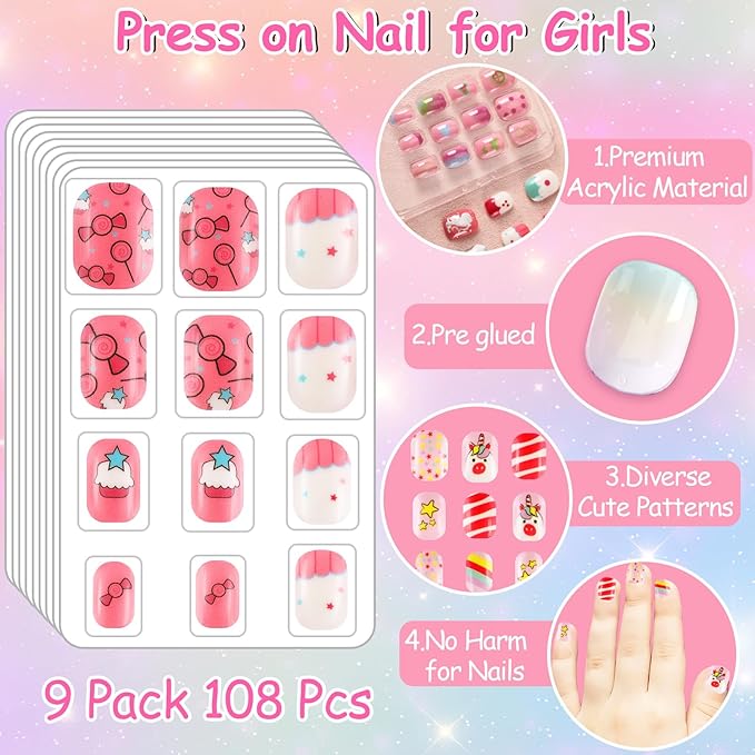 108Pcs Fake Press on Nails for Kids,Acrylic Full Cover False Press on Nails Girls Stick on Nails for Kids Children Birthday Party Favors Gift Nail Art Decoration(9 Pack Cute Style)